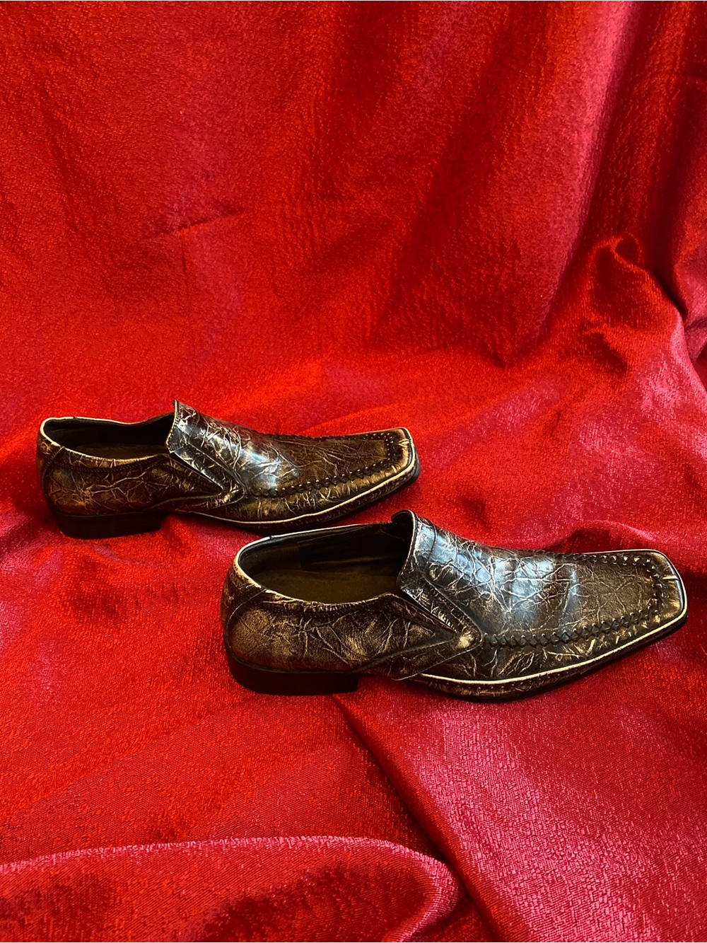 STACY ADAMS Thick Stitch Sq. Toe Slip On Loafer Black Marble Leather Sz 7.5 VTG